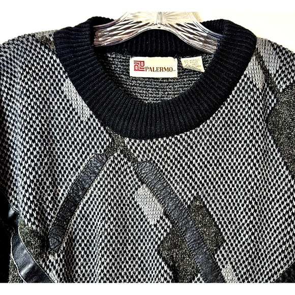 Palmero Men's Vintage Grandpacore Black Sweater LARGE Faux Leather Hipster Cosby - Picture 4 of 8